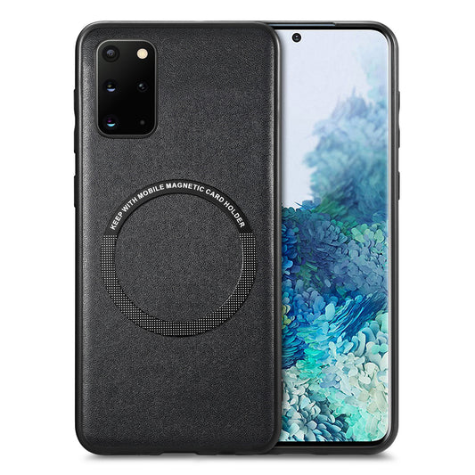 For Samsung Galaxy S20 Plus 4G / 5G Leather Coated PC+TPU Cover Phone Case Compatible with MagSafe with Magnetic Holder Metal Ring - Black