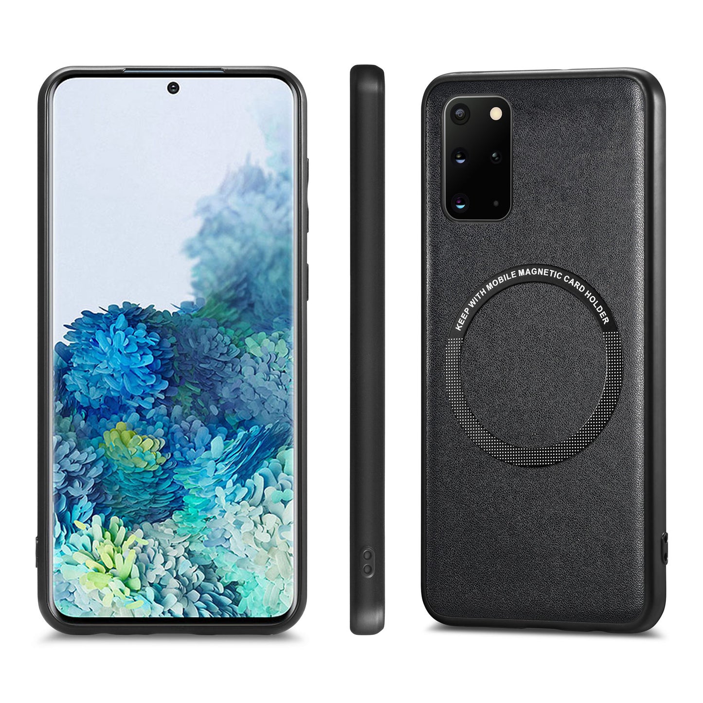 For Samsung Galaxy S20 Plus 4G / 5G Leather Coated PC+TPU Cover Phone Case Compatible with MagSafe with Magnetic Holder Metal Ring - Black