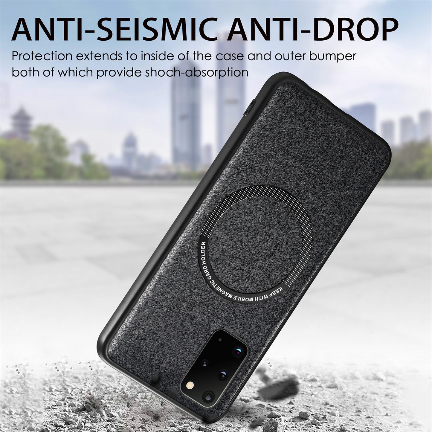For Samsung Galaxy S20 Plus 4G / 5G Leather Coated PC+TPU Cover Phone Case Compatible with MagSafe with Magnetic Holder Metal Ring - Black