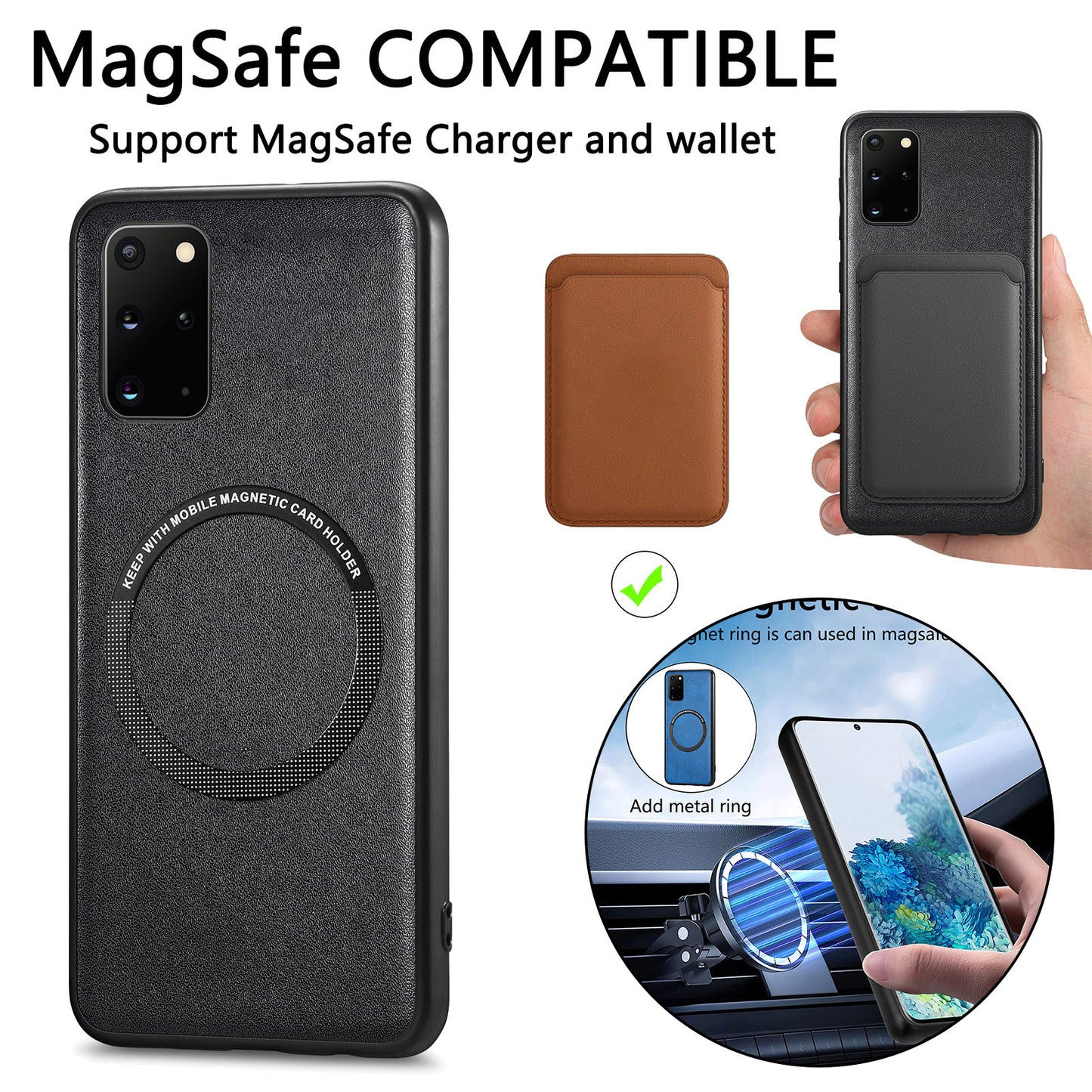 For Samsung Galaxy S20 Plus 4G / 5G Leather Coated PC+TPU Cover Phone Case Compatible with MagSafe with Magnetic Holder Metal Ring - Black