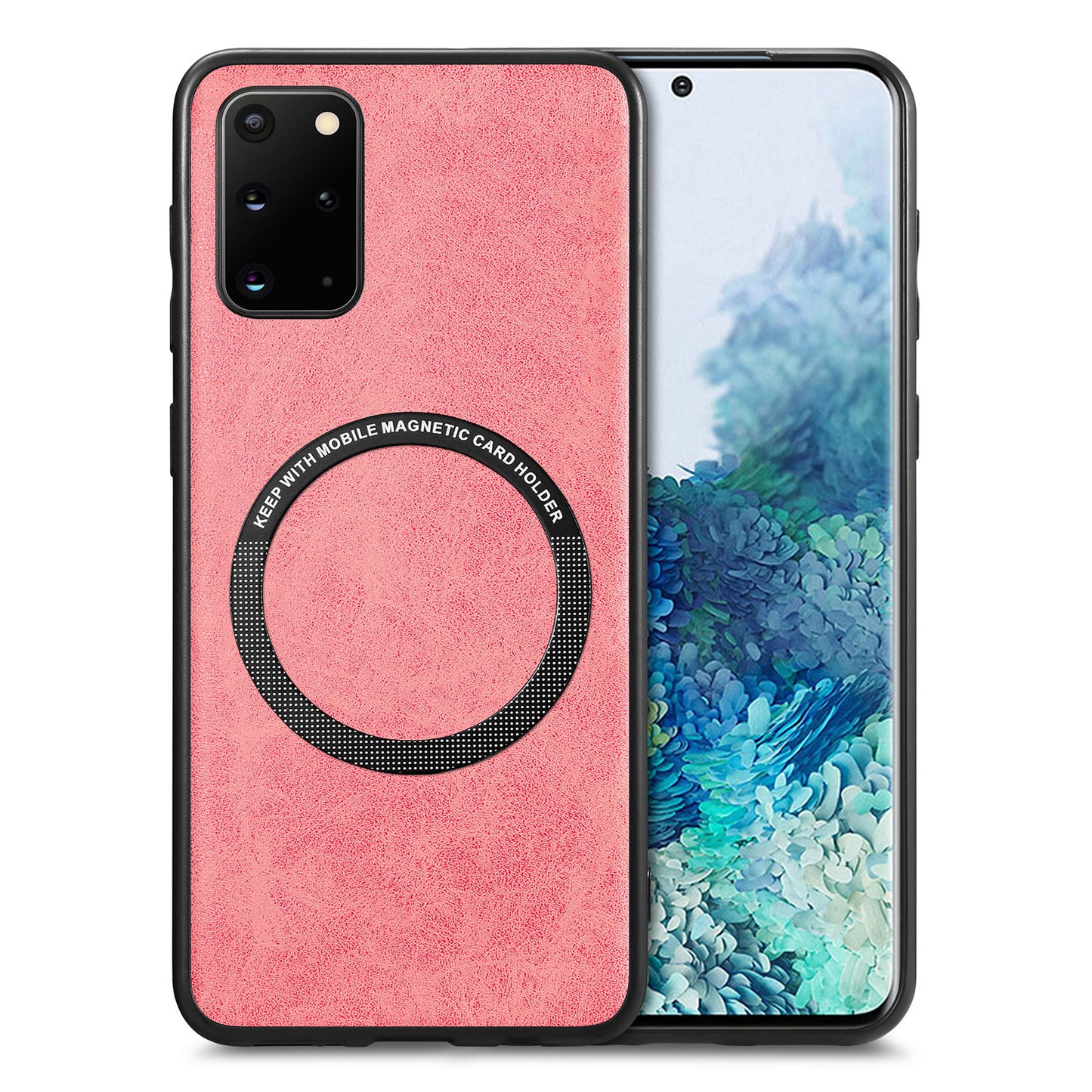 For Samsung Galaxy S20 Plus 4G / 5G Leather Coated PC+TPU Cover Phone Case Compatible with MagSafe with Magnetic Holder Metal Ring - Pink