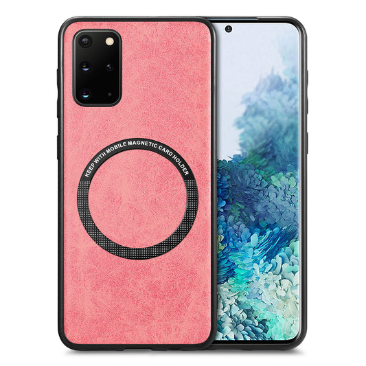 For Samsung Galaxy S20 Plus 4G / 5G Leather Coated PC+TPU Cover Phone Case Compatible with MagSafe with Magnetic Holder Metal Ring - Pink