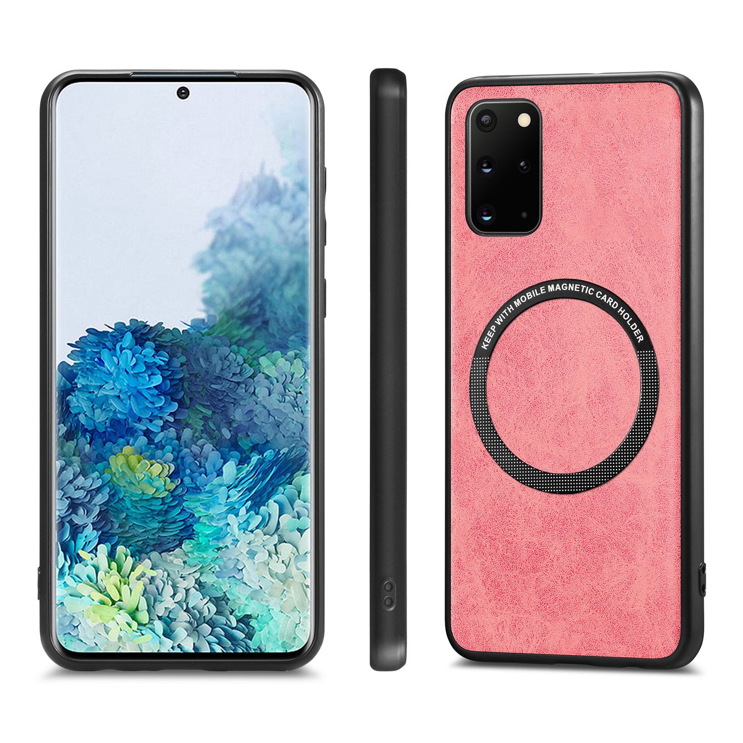 For Samsung Galaxy S20 Plus 4G / 5G Leather Coated PC+TPU Cover Phone Case Compatible with MagSafe with Magnetic Holder Metal Ring - Pink
