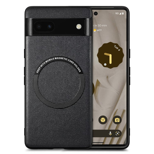 For Google Pixel 6a Drop-proof Phone Case Compatible with MagSafe PU Leather Coated PC+TPU Phone Cover - Black