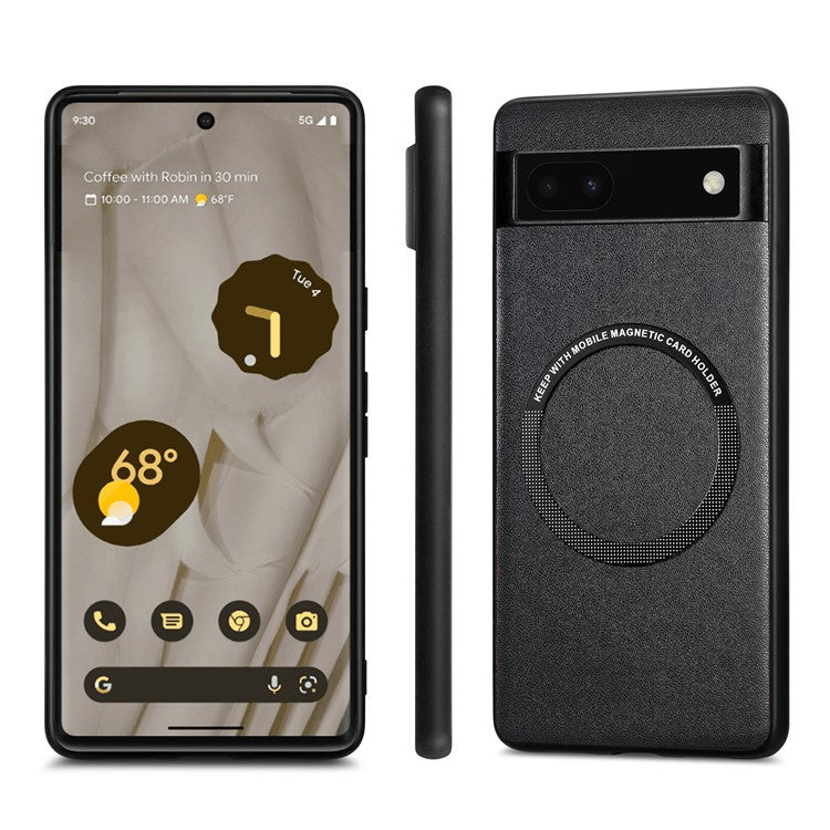 For Google Pixel 6a Drop-proof Phone Case Compatible with MagSafe PU Leather Coated PC+TPU Phone Cover - Black