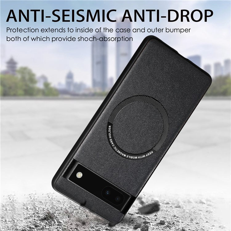 For Google Pixel 6a Drop-proof Phone Case Compatible with MagSafe PU Leather Coated PC+TPU Phone Cover - Black