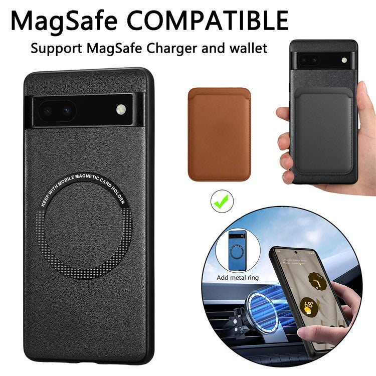 For Google Pixel 6a Drop-proof Phone Case Compatible with MagSafe PU Leather Coated PC+TPU Phone Cover - Black