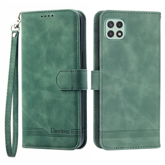 DIERFENG DF-03 Stand Phone Case for Samsung Galaxy A22 5G (EU Version), Lines Imprinted PU Leather Wallet Cover - Green