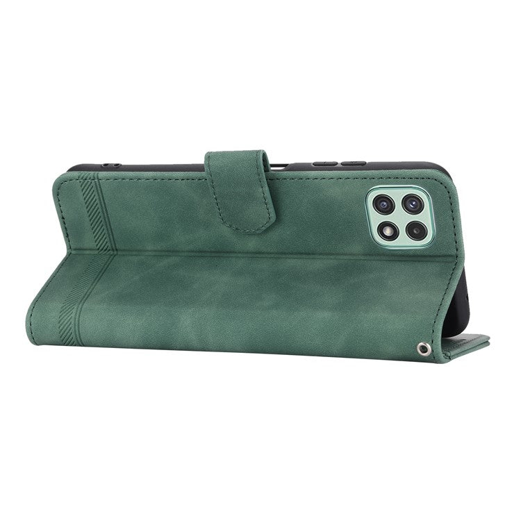 DIERFENG DF-03 Stand Phone Case for Samsung Galaxy A22 5G (EU Version), Lines Imprinted PU Leather Wallet Cover - Green