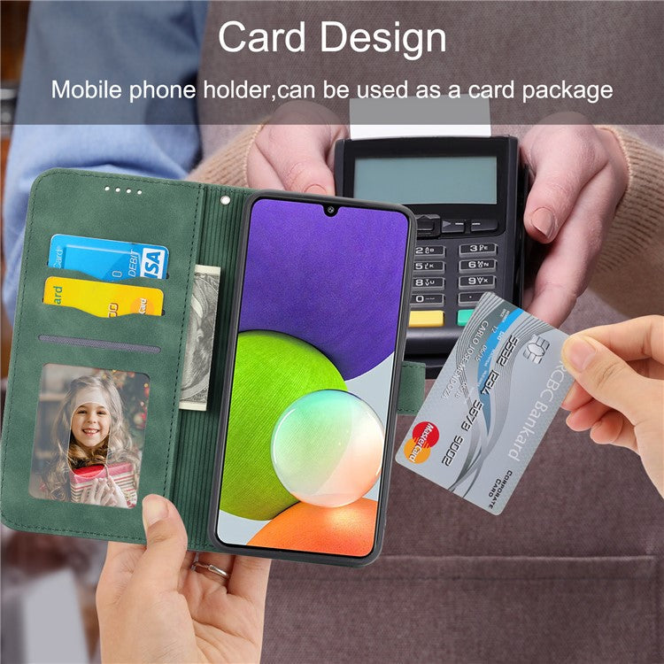 DIERFENG DF-03 Stand Phone Case for Samsung Galaxy A22 5G (EU Version), Lines Imprinted PU Leather Wallet Cover - Green