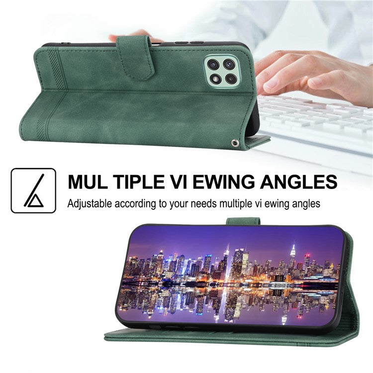 DIERFENG DF-03 Stand Phone Case for Samsung Galaxy A22 5G (EU Version), Lines Imprinted PU Leather Wallet Cover - Green
