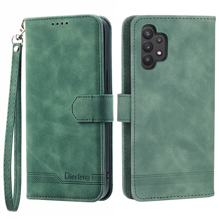 DIERFENG DF-03 PU Leather Phone Cover for Samsung Galaxy A32 4G (EU Version), Stand Wallet Lines Imprinted Case - Green