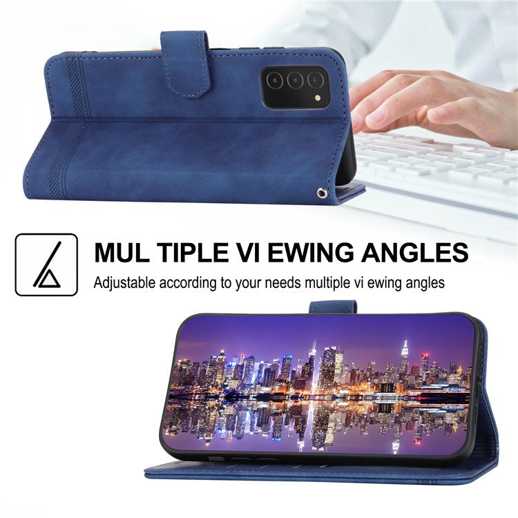 DIERFENG DF-03 Leather Case for Samsung Galaxy A03s (164.2 x 75.9 x 9.1mm), Stand Wallet Lines Imprinted Cell Phone Cover - Blue