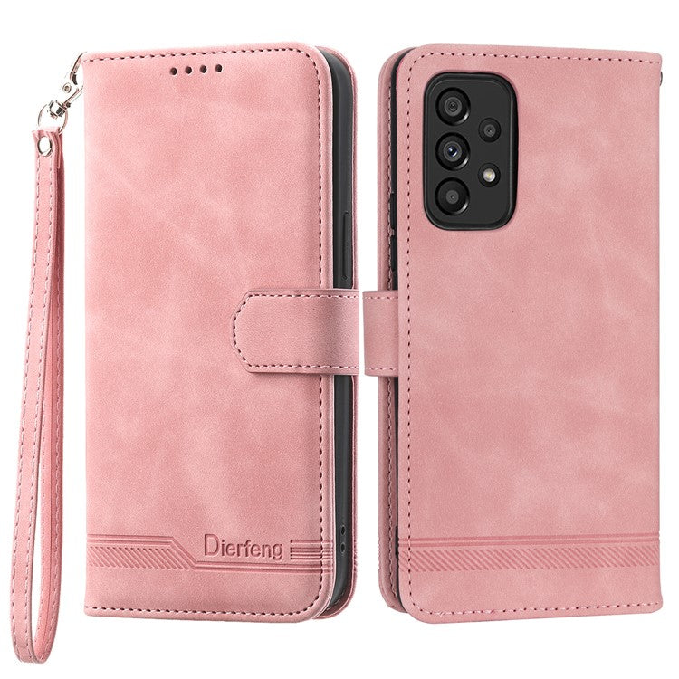 DIERFENG DF-03 Phone Wallet Case for Samsung Galaxy A53 5G, PU Leather Stand Lines Imprinted Phone Cover - Pink