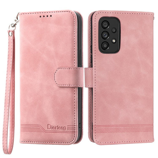 DIERFENG DF-03 Phone Wallet Case for Samsung Galaxy A53 5G, PU Leather Stand Lines Imprinted Phone Cover - Pink