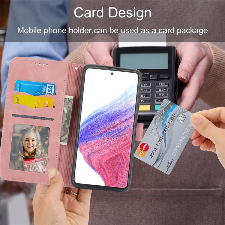 DIERFENG DF-03 Phone Wallet Case for Samsung Galaxy A53 5G, PU Leather Stand Lines Imprinted Phone Cover - Pink
