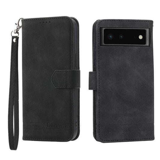 DIERFENG DF-03 Anti-scratch Leather Phone Case for Google Pixel 6, Lines Imprinted Anti-shock Flip Cell Phone Cover Stand Wallet - Black