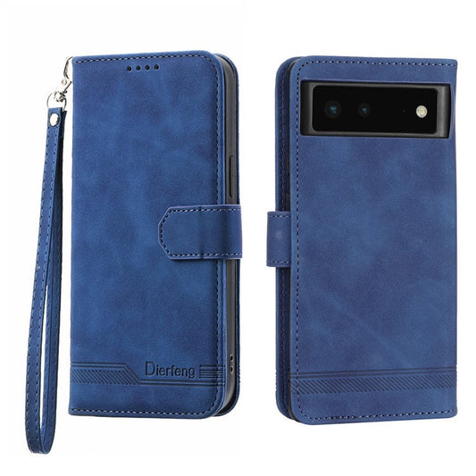 DIERFENG DF-03 Anti-scratch Leather Phone Case for Google Pixel 6, Lines Imprinted Anti-shock Flip Cell Phone Cover Stand Wallet - Blue
