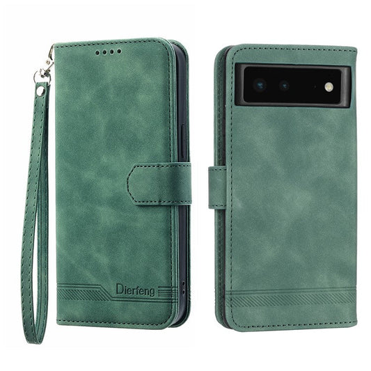 DIERFENG DF-03 Anti-scratch Leather Phone Case for Google Pixel 6, Lines Imprinted Anti-shock Flip Cell Phone Cover Stand Wallet - Green