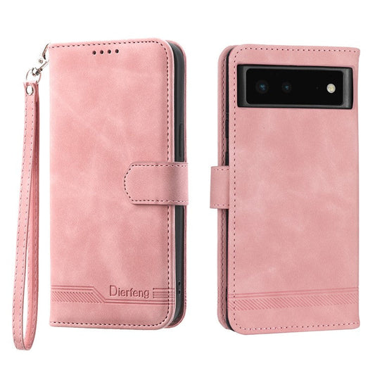 DIERFENG DF-03 Anti-scratch Leather Phone Case for Google Pixel 6, Lines Imprinted Anti-shock Flip Cell Phone Cover Stand Wallet - Pink
