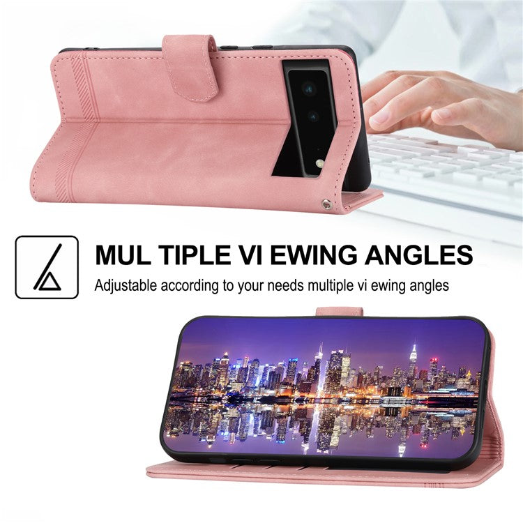 DIERFENG DF-03 Anti-scratch Leather Phone Case for Google Pixel 6, Lines Imprinted Anti-shock Flip Cell Phone Cover Stand Wallet - Pink