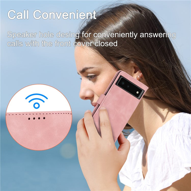 DIERFENG DF-03 Anti-scratch Leather Phone Case for Google Pixel 6, Lines Imprinted Anti-shock Flip Cell Phone Cover Stand Wallet - Pink