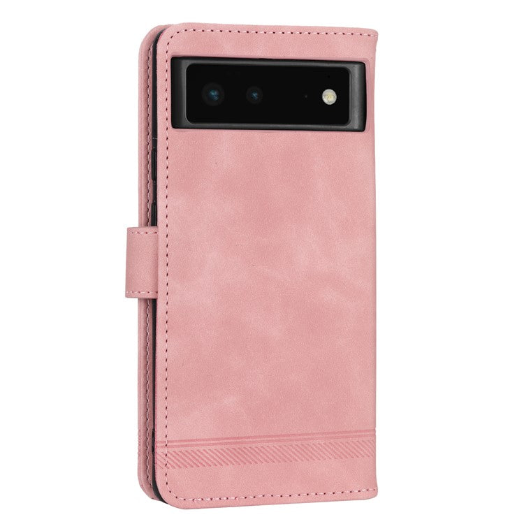 DIERFENG DF-03 Anti-scratch Leather Phone Case for Google Pixel 6, Lines Imprinted Anti-shock Flip Cell Phone Cover Stand Wallet - Pink