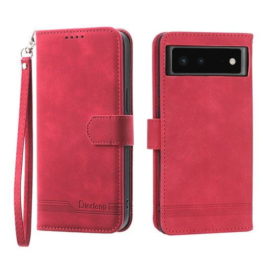 DIERFENG DF-03 Anti-scratch Leather Phone Case for Google Pixel 6, Lines Imprinted Anti-shock Flip Cell Phone Cover Stand Wallet - Red