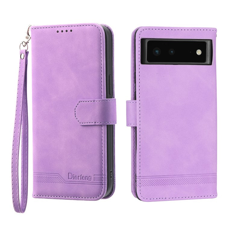 DIERFENG DF-03 Anti-scratch Leather Phone Case for Google Pixel 6, Lines Imprinted Anti-shock Flip Cell Phone Cover Stand Wallet - Purple