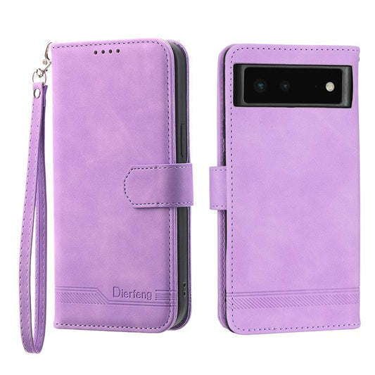DIERFENG DF-03 Anti-scratch Leather Phone Case for Google Pixel 6, Lines Imprinted Anti-shock Flip Cell Phone Cover Stand Wallet - Purple