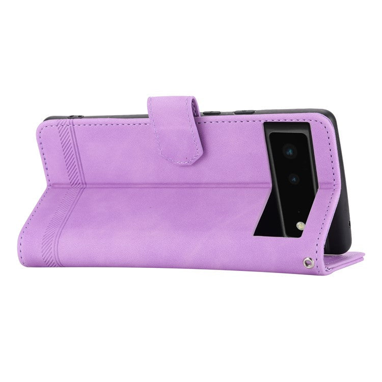 DIERFENG DF-03 Anti-scratch Leather Phone Case for Google Pixel 6, Lines Imprinted Anti-shock Flip Cell Phone Cover Stand Wallet - Purple