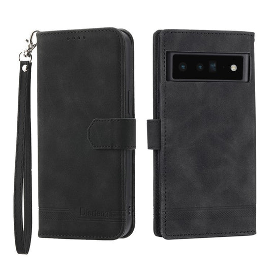 DIERFENG DF-03 Protective Phone Case for Google Pixel 6 Pro 5G, Anti-fall Flip Wallet Cover Stand with Lines Imprinting - Black