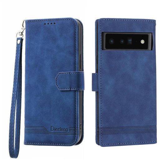 DIERFENG DF-03 Protective Phone Case for Google Pixel 6 Pro 5G, Anti-fall Flip Wallet Cover Stand with Lines Imprinting - Blue