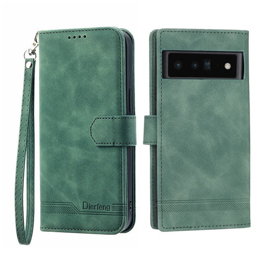 DIERFENG DF-03 Protective Phone Case for Google Pixel 6 Pro 5G, Anti-fall Flip Wallet Cover Stand with Lines Imprinting - Green