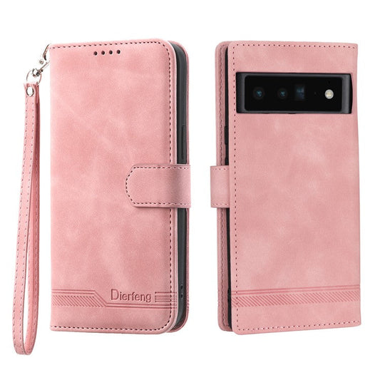 DIERFENG DF-03 Protective Phone Case for Google Pixel 6 Pro 5G, Anti-fall Flip Wallet Cover Stand with Lines Imprinting - Pink
