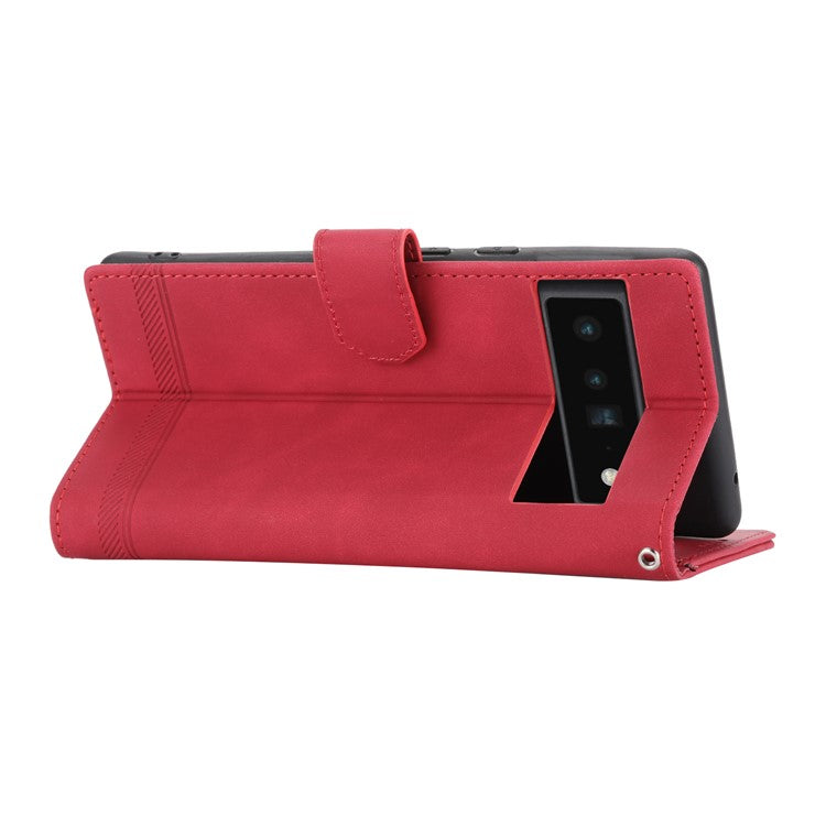 DIERFENG DF-03 Protective Phone Case for Google Pixel 6 Pro 5G, Anti-fall Flip Wallet Cover Stand with Lines Imprinting - Red