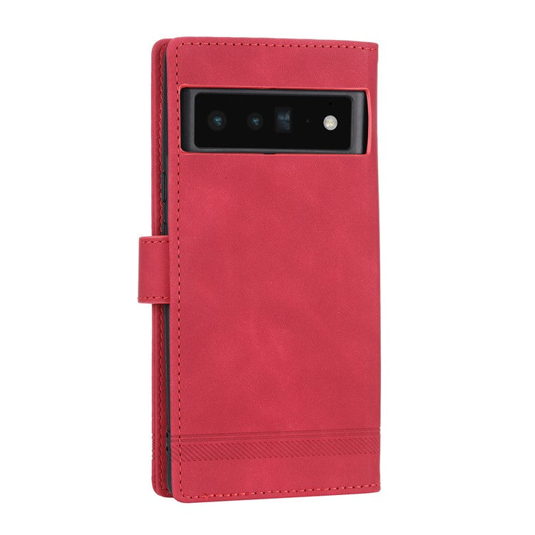 DIERFENG DF-03 Protective Phone Case for Google Pixel 6 Pro 5G, Anti-fall Flip Wallet Cover Stand with Lines Imprinting - Red