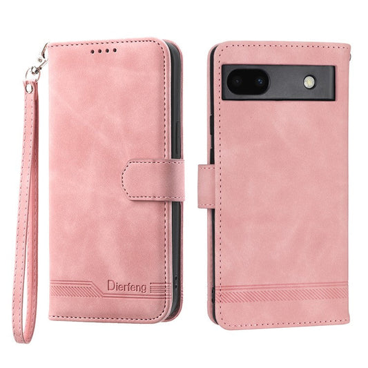 DIERFENG Anti-drop PU Leather Phone Case for Google Pixel 6a, DF-03 Lines Imprinted Scratch-resistant Phone Cover Stand Wallet - Pink