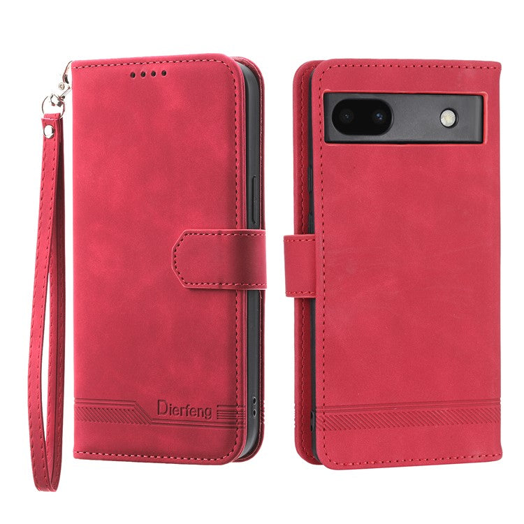 DIERFENG Anti-drop PU Leather Phone Case for Google Pixel 6a, DF-03 Lines Imprinted Scratch-resistant Phone Cover Stand Wallet - Red