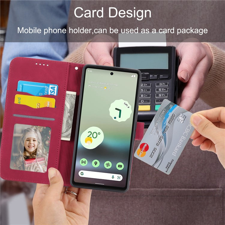 DIERFENG Anti-drop PU Leather Phone Case for Google Pixel 6a, DF-03 Lines Imprinted Scratch-resistant Phone Cover Stand Wallet - Red
