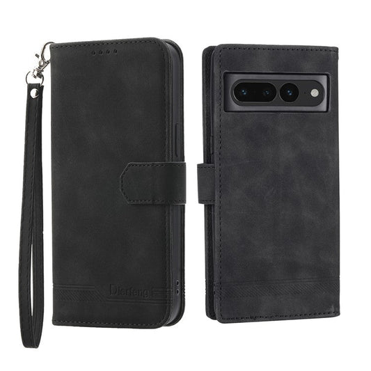 DIERFENG DF-03 Mobile Phone Leather Case for Google Pixel 7 Pro 5G, Lines Imprinted Phone Cover with Wallet Stand - Black