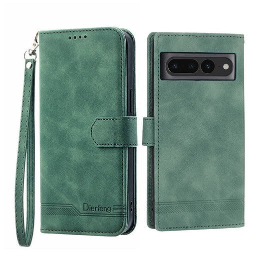 DIERFENG DF-03 Mobile Phone Leather Case for Google Pixel 7 Pro 5G, Lines Imprinted Phone Cover with Wallet Stand - Green