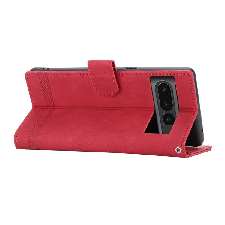 DIERFENG DF-03 Mobile Phone Leather Case for Google Pixel 7 Pro 5G, Lines Imprinted Phone Cover with Wallet Stand - Red