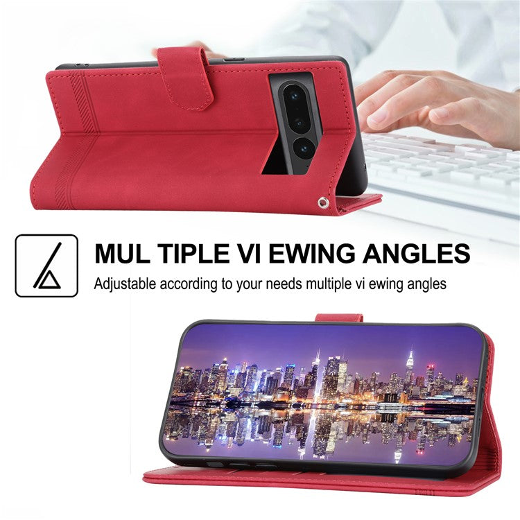 DIERFENG DF-03 Mobile Phone Leather Case for Google Pixel 7 Pro 5G, Lines Imprinted Phone Cover with Wallet Stand - Red