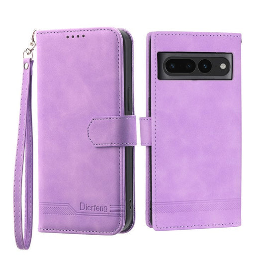 DIERFENG DF-03 Mobile Phone Leather Case for Google Pixel 7 Pro 5G, Lines Imprinted Phone Cover with Wallet Stand - Purple