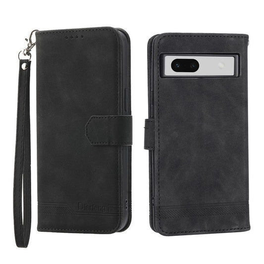 DIERFENG DF-03 PU Leather Wallet Case for Google Pixel 7a, Lines Imprinted Cell Phone Stand Cover - Black