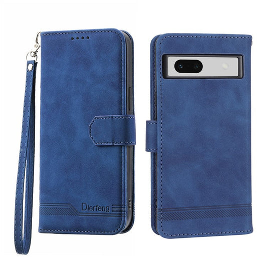 DIERFENG DF-03 PU Leather Wallet Case for Google Pixel 7a, Lines Imprinted Cell Phone Stand Cover - Blue