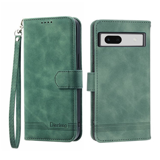DIERFENG DF-03 PU Leather Wallet Case for Google Pixel 7a, Lines Imprinted Cell Phone Stand Cover - Green