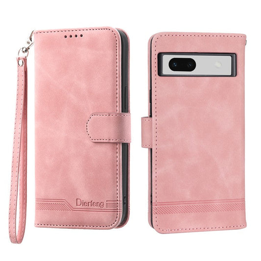 DIERFENG DF-03 PU Leather Wallet Case for Google Pixel 7a, Lines Imprinted Cell Phone Stand Cover - Pink