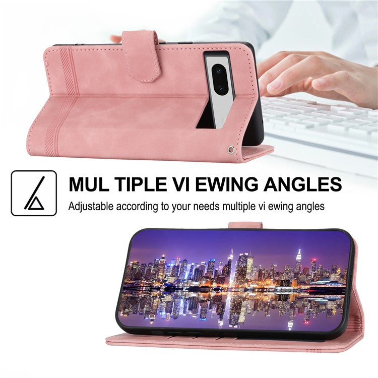 DIERFENG DF-03 PU Leather Wallet Case for Google Pixel 7a, Lines Imprinted Cell Phone Stand Cover - Pink